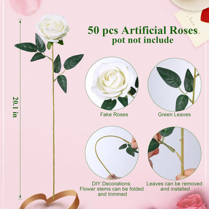 50 PCS Roses Artificial Flowers, Fake Roses with Stem Realistic Blush Silk Rose for DIY Wedding Bouquets Table Centerpieces Arrangements Baby Shower Birthday Home Decor Valentines Day Gift for Her