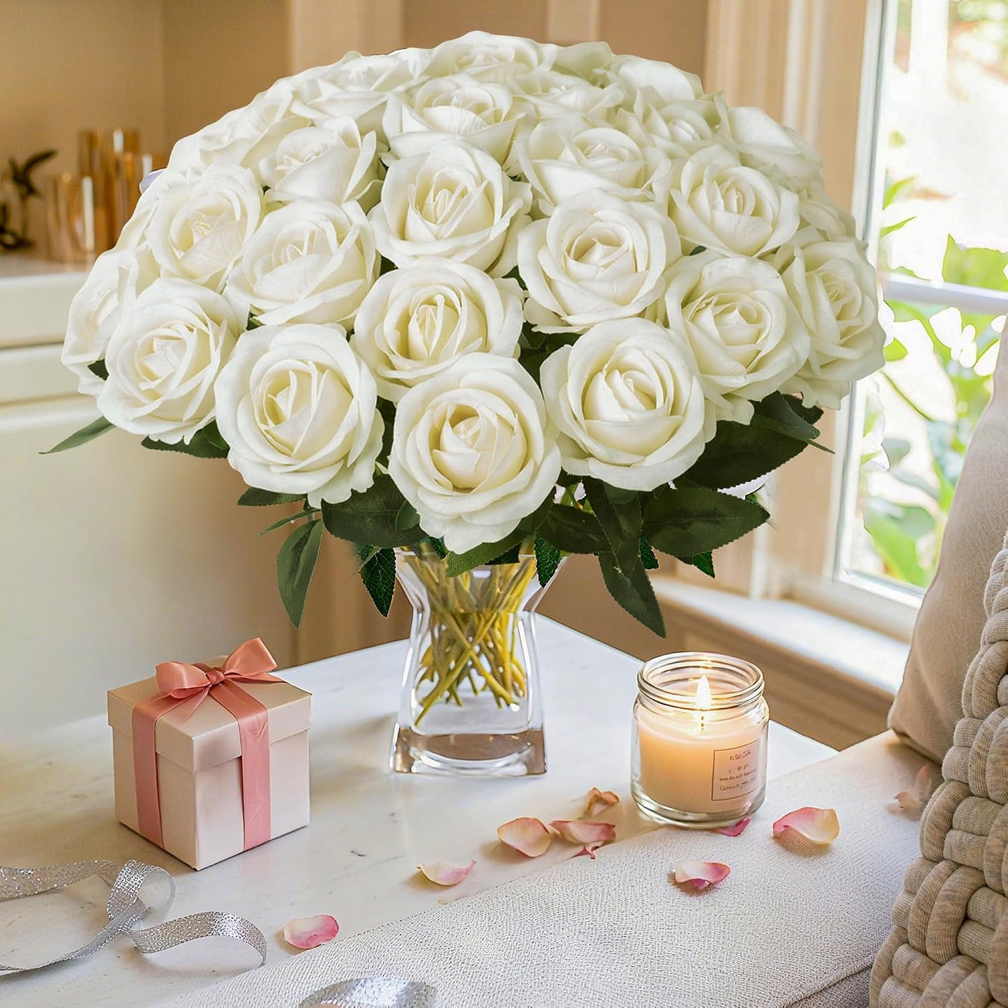50 PCS Roses Artificial Flowers, Fake Roses with Stem Realistic Blush Silk Rose for DIY Wedding Bouquets Table Centerpieces Arrangements Baby Shower Birthday Home Decor Valentines Day Gift for Her
