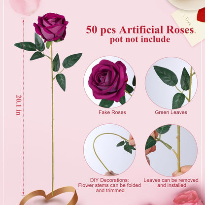 50 PCS Roses Artificial Flowers, Fake Roses with Stem Realistic Blush Silk Rose for DIY Wedding Bouquets Table Centerpieces Arrangements Baby Shower Birthday Home Decor Valentines Day Gift for Her