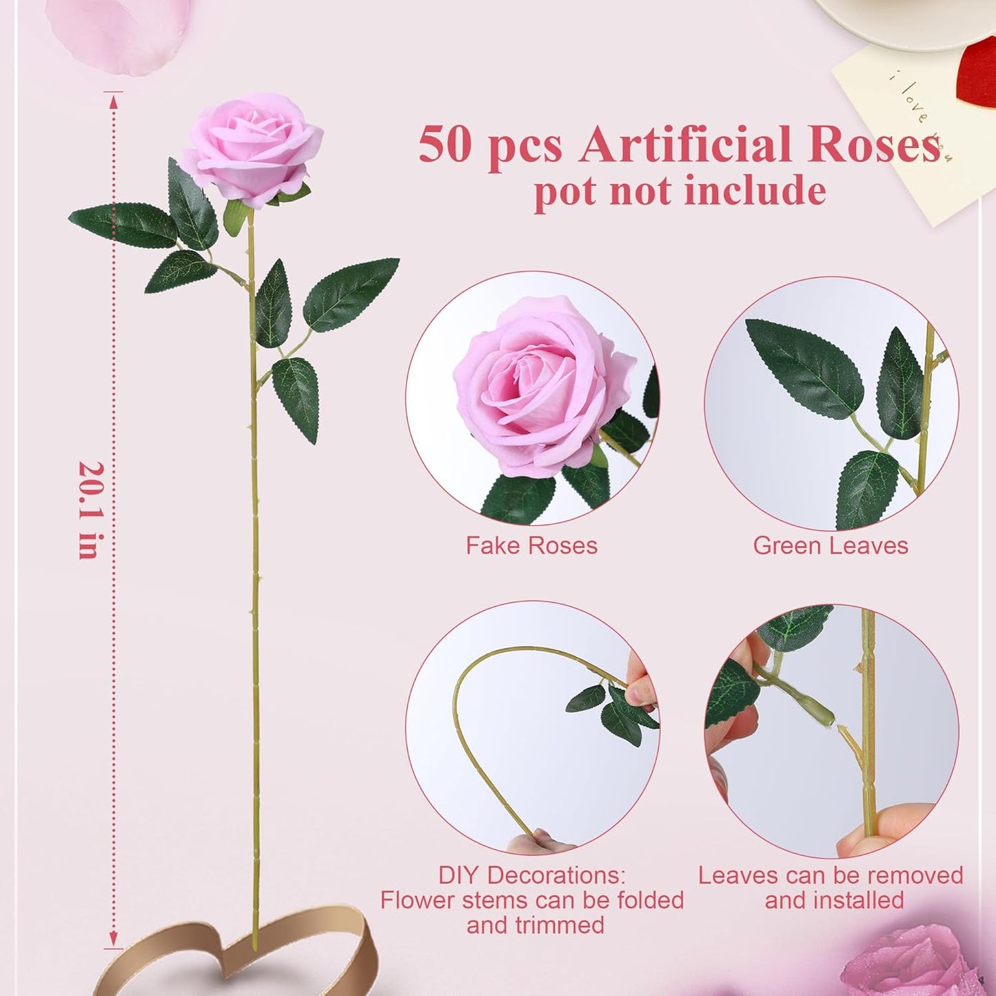 50 PCS Roses Artificial Flowers, Fake Roses with Stem Realistic Blush Silk Rose for DIY Wedding Bouquets Table Centerpieces Arrangements Baby Shower Birthday Home Decor Valentines Day Gift for Her