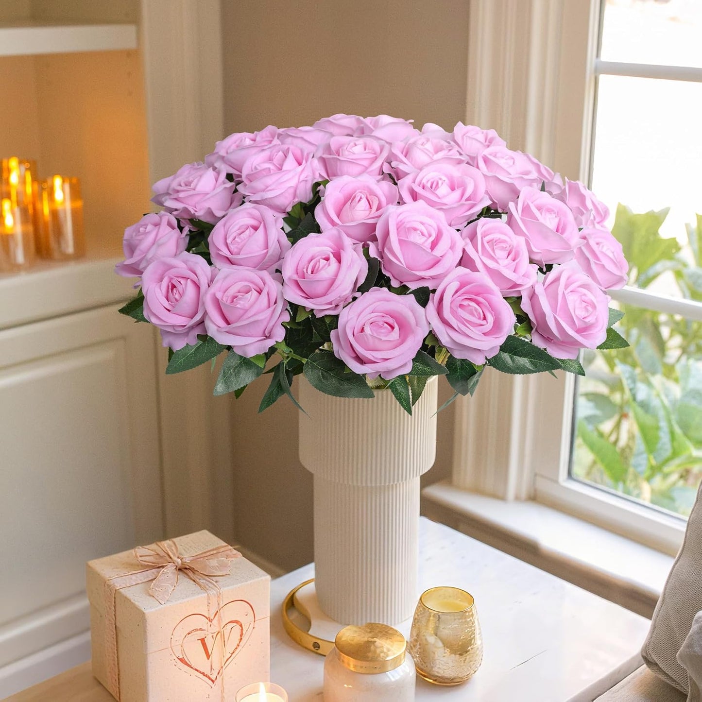 50 PCS Roses Artificial Flowers, Fake Roses with Stem Realistic Blush Silk Rose for DIY Wedding Bouquets Table Centerpieces Arrangements Baby Shower Birthday Home Decor Valentines Day Gift for Her