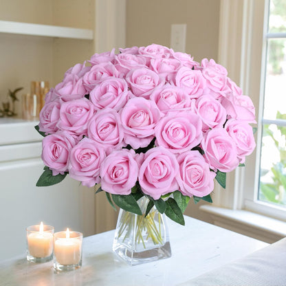 50 PCS Roses Artificial Flowers, Fake Roses with Stem Realistic Blush Silk Rose for DIY Wedding Bouquets Table Centerpieces Arrangements Baby Shower Birthday Home Decor Valentines Day Gift for Her