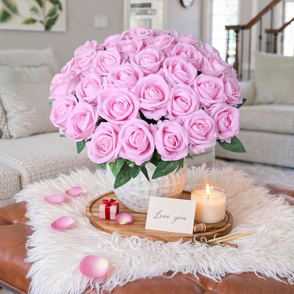 50 PCS Roses Artificial Flowers, Fake Roses with Stem Realistic Blush Silk Rose for DIY Wedding Bouquets Table Centerpieces Arrangements Baby Shower Birthday Home Decor Valentines Day Gift for Her