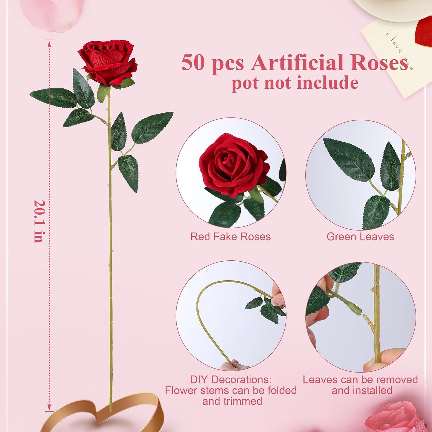 50 PCS Roses Artificial Flowers, Fake Roses with Stem Realistic Blush Silk Rose for DIY Wedding Bouquets Table Centerpieces Arrangements Baby Shower Birthday Home Decor Valentines Day Gift for Her