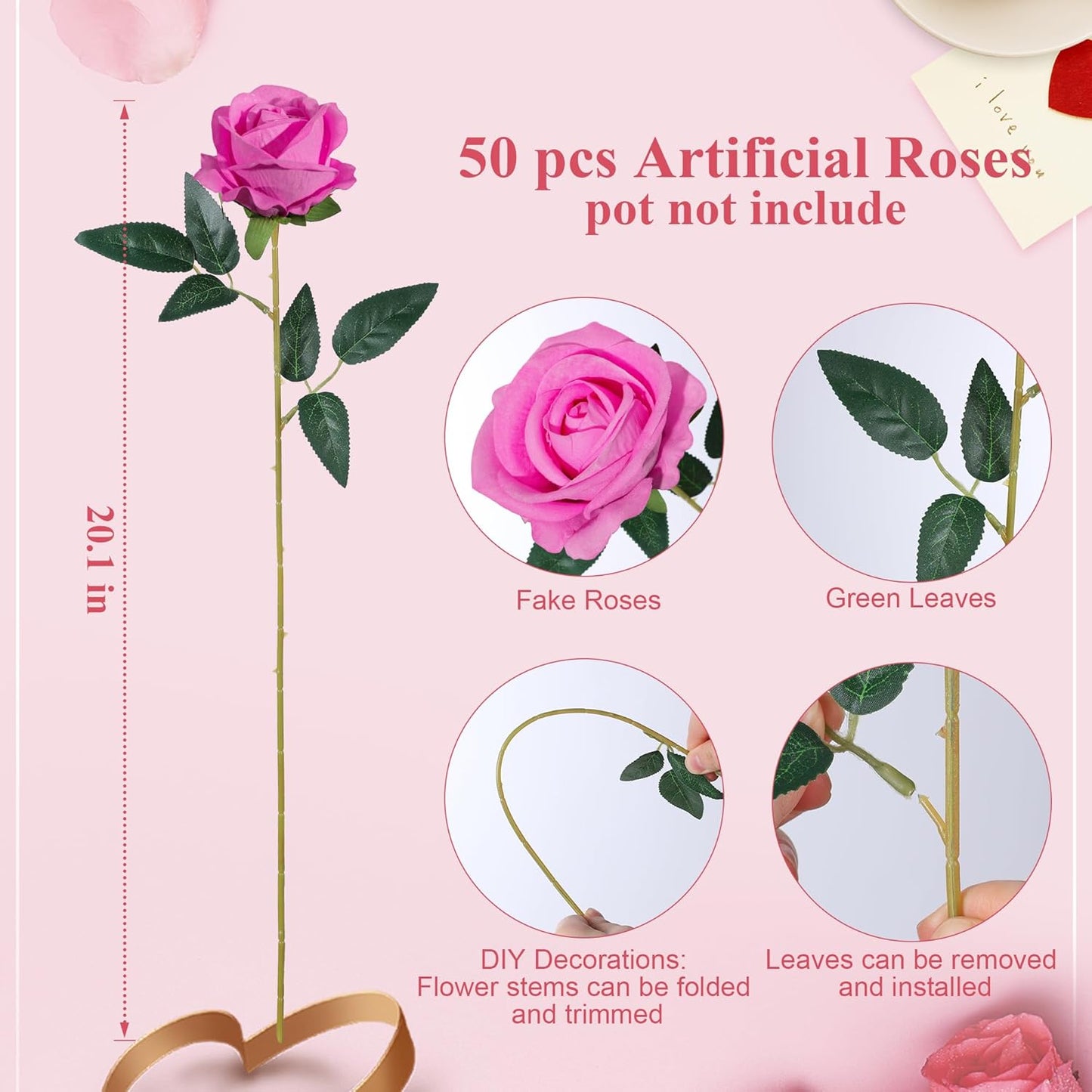 50 PCS Roses Artificial Flowers, Fake Roses with Stem Realistic Blush Silk Rose for DIY Wedding Bouquets Table Centerpieces Arrangements Baby Shower Birthday Home Decor Valentines Day Gift for Her