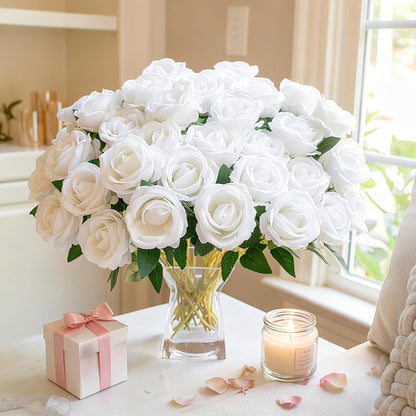 50 PCS Roses Artificial Flowers, Fake Roses with Stem Realistic Blush Silk Rose for DIY Wedding Bouquets Table Centerpieces Arrangements Baby Shower Birthday Home Decor Valentines Day Gift for Her