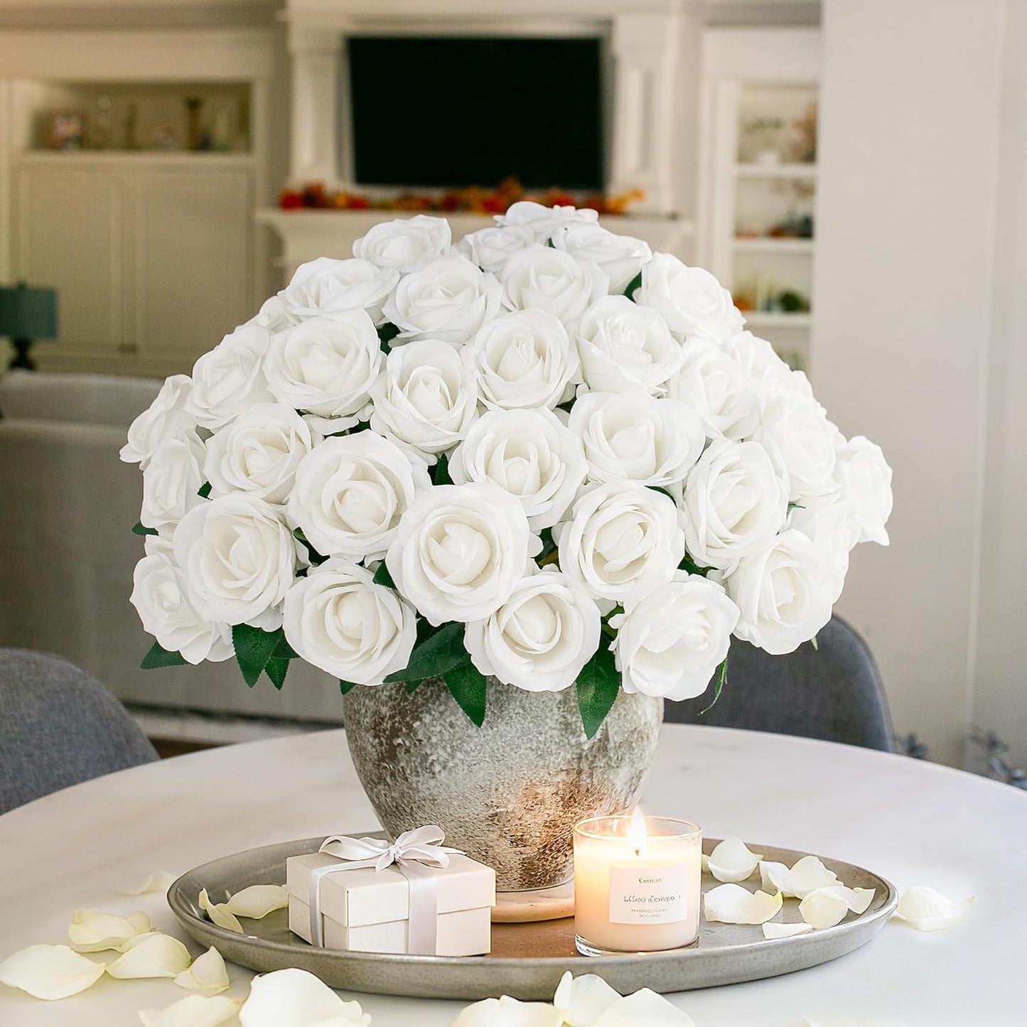 50 PCS Roses Artificial Flowers, Fake Roses with Stem Realistic Blush Silk Rose for DIY Wedding Bouquets Table Centerpieces Arrangements Baby Shower Birthday Home Decor Valentines Day Gift for Her