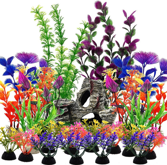 25 PCS Aquarium Plants & Rock Cave Decorations Set – Colorful Fish Tank Plastic Plants Ornaments with Resin Rock Hideout, Realistic Aquarium Decor Accessories for Freshwater & Saltwater Tanks