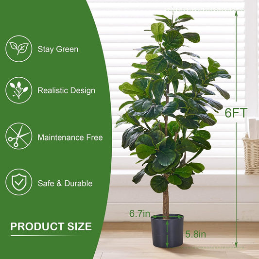 Artificial Fiddle Leaf Fig Tree 6FT(71in), Tall Fake Floor Plants with 150 Large Realistic Leaves in Plastic Pot for Indoor Outdoor Living Room Home Decor