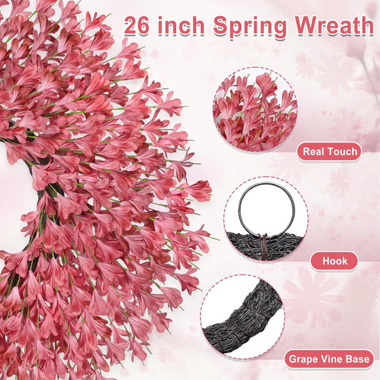 26 Inch Spring Wreaths for Front Door Large Easter Valentines Forsythia Floral Summer Spring Door Wreaths Outdoor All Season Spring Decorations for Home Porch Room Window Wall Farmhouse Decor(White-R)