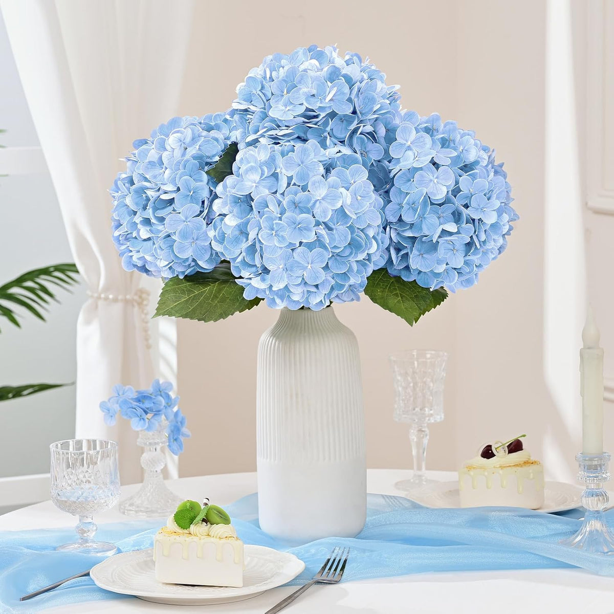 White Hydrangea Artificial Flowers, Real Touch Latex, 4 Pcs | Soft Petals, 19.6-In Flexible Stems, Full Lifelike Blooms, Washable, Home Decor, Wedding Centerpieces, Floral Arrangements