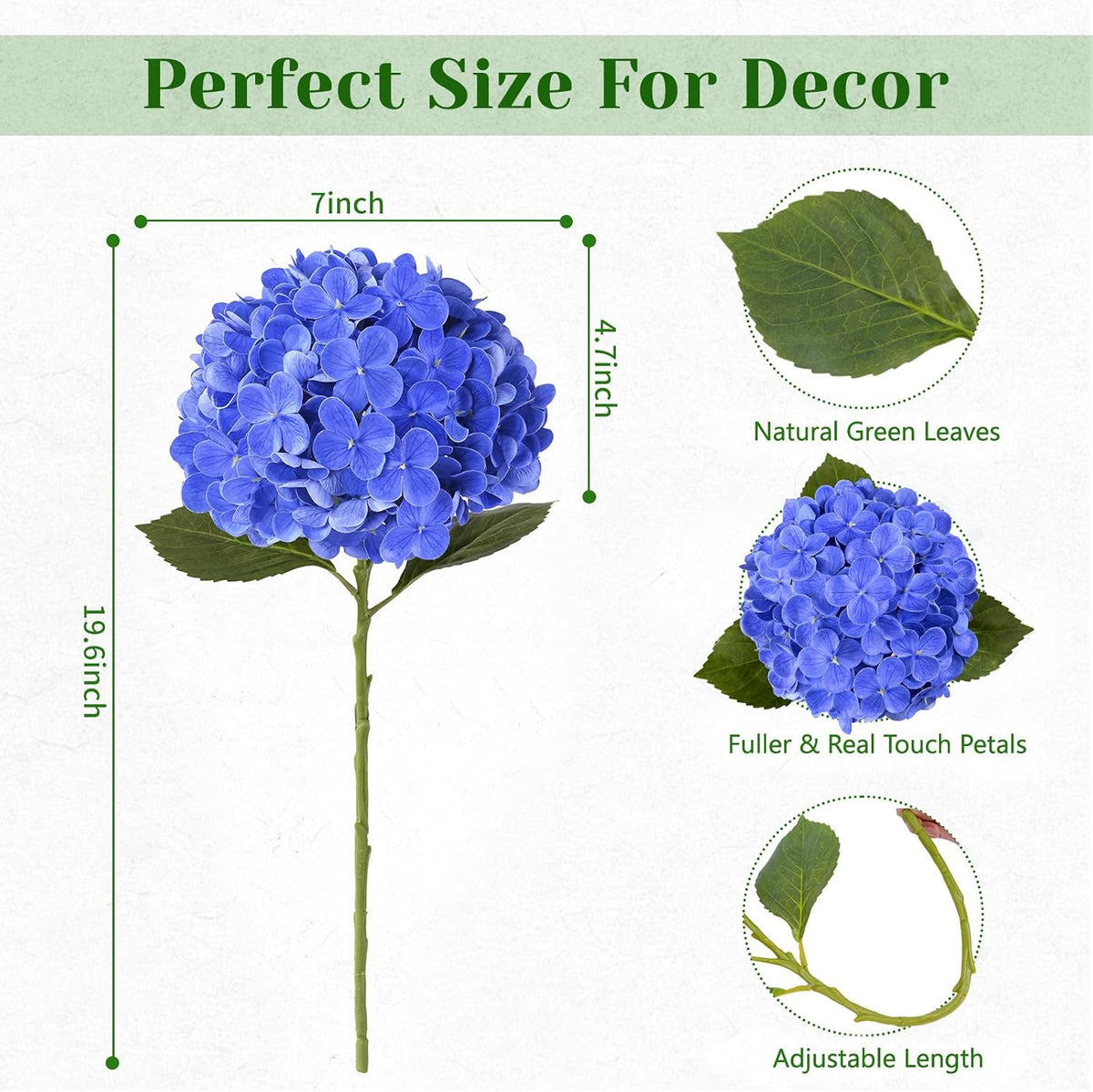 White Hydrangea Artificial Flowers, Real Touch Latex, 4 Pcs | Soft Petals, 19.6-In Flexible Stems, Full Lifelike Blooms, Washable, Home Decor, Wedding Centerpieces, Floral Arrangements