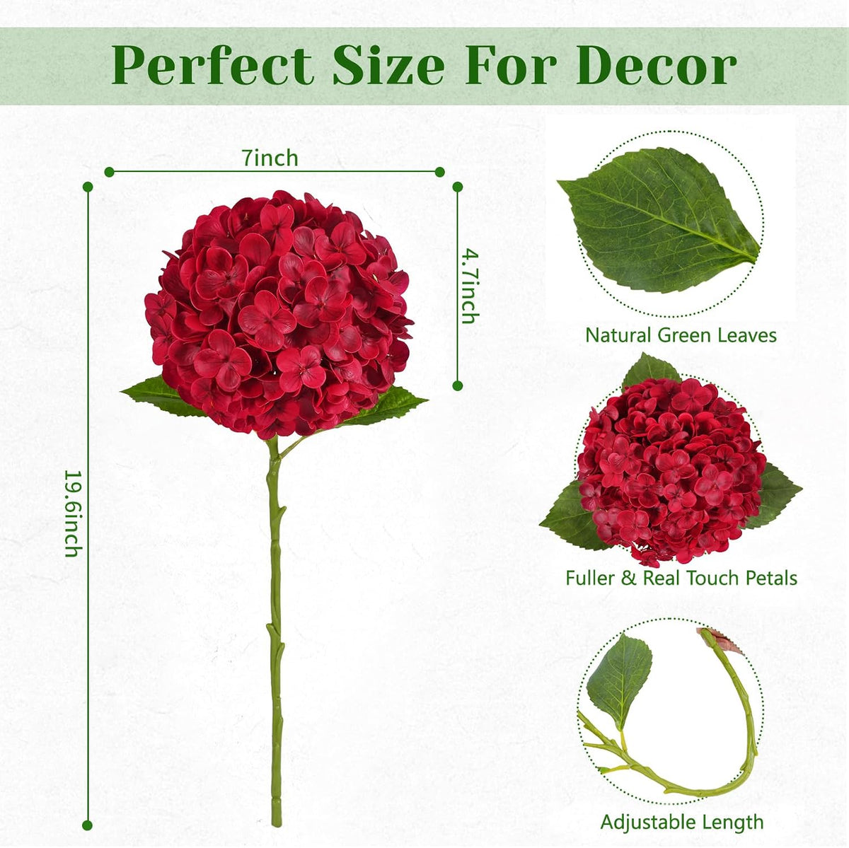 White Hydrangea Artificial Flowers, Real Touch Latex, 4 Pcs | Soft Petals, 19.6-In Flexible Stems, Full Lifelike Blooms, Washable, Home Decor, Wedding Centerpieces, Floral Arrangements