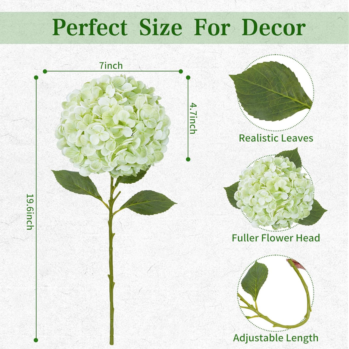 White Hydrangea Artificial Flowers, Real Touch Latex, 4 Pcs | Soft Petals, 19.6-In Flexible Stems, Full Lifelike Blooms, Washable, Home Decor, Wedding Centerpieces, Floral Arrangements