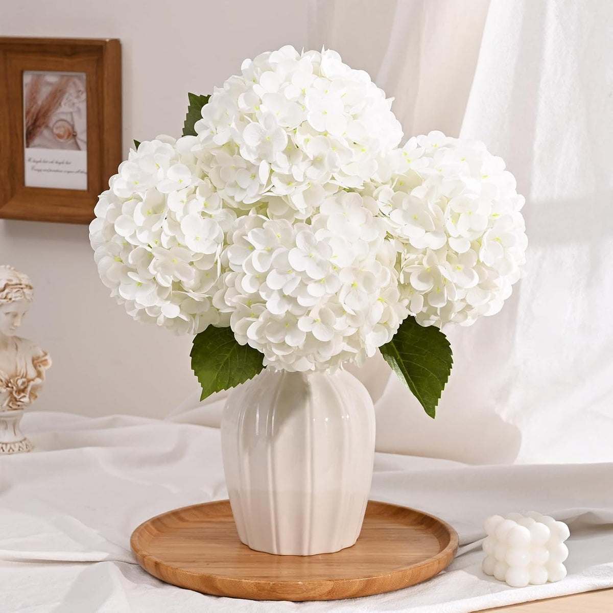 White Hydrangea Artificial Flowers, Real Touch Latex, 4 Pcs | Soft Petals, 19.6-In Flexible Stems, Full Lifelike Blooms, Washable, Home Decor, Wedding Centerpieces, Floral Arrangements