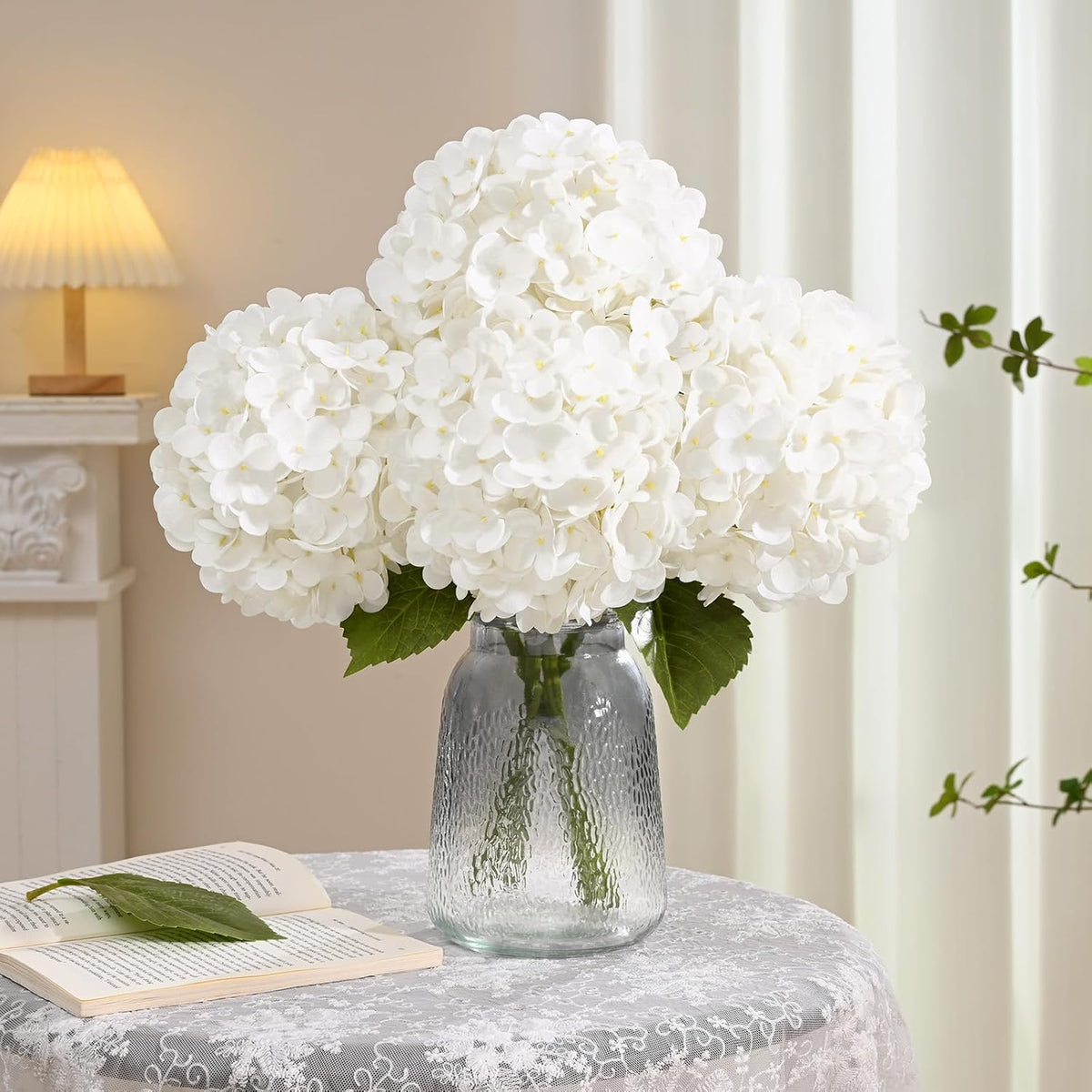 White Hydrangea Artificial Flowers, Real Touch Latex, 4 Pcs | Soft Petals, 19.6-In Flexible Stems, Full Lifelike Blooms, Washable, Home Decor, Wedding Centerpieces, Floral Arrangements