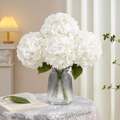 White Hydrangea Artificial Flowers, Real Touch Latex, 4 Pcs | Soft Petals, 19.6-In Flexible Stems, Full Lifelike Blooms, Washable, Home Decor, Wedding Centerpieces, Floral Arrangements