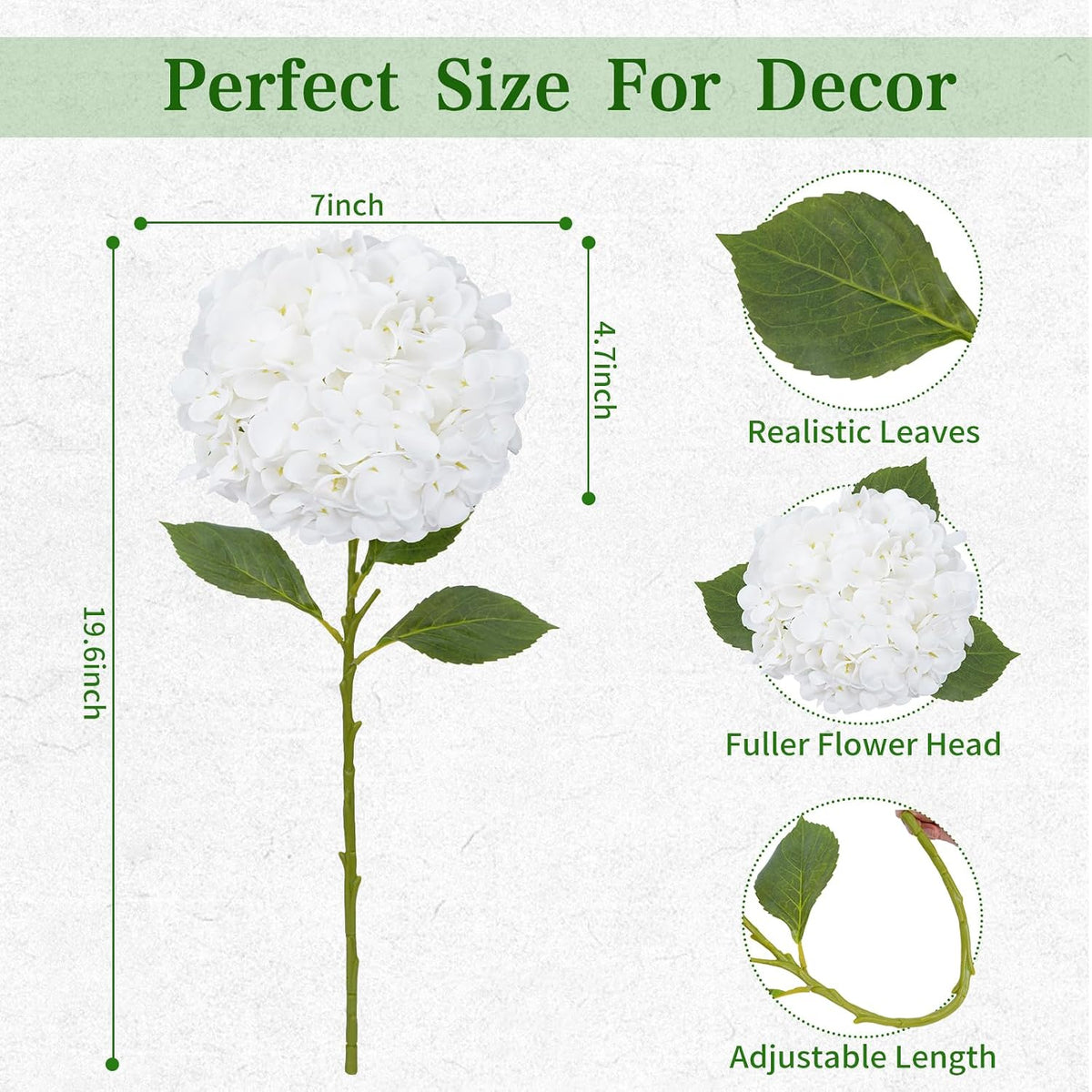 White Hydrangea Artificial Flowers, Real Touch Latex, 4 Pcs | Soft Petals, 19.6-In Flexible Stems, Full Lifelike Blooms, Washable, Home Decor, Wedding Centerpieces, Floral Arrangements