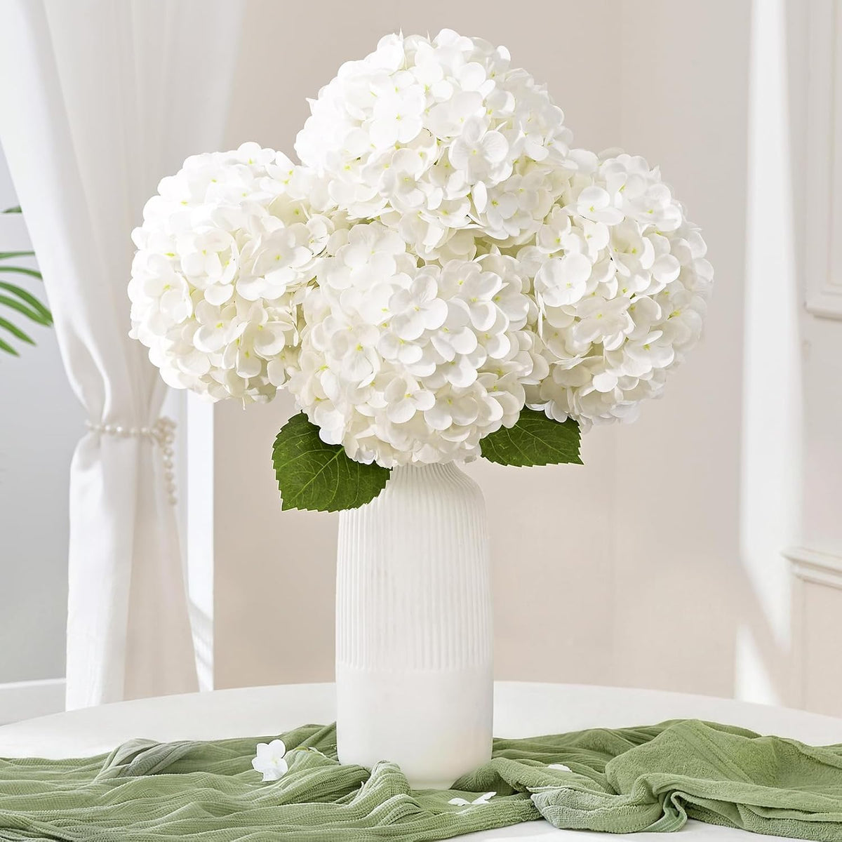 White Hydrangea Artificial Flowers, Real Touch Latex, 4 Pcs | Soft Petals, 19.6-In Flexible Stems, Full Lifelike Blooms, Washable, Home Decor, Wedding Centerpieces, Floral Arrangements