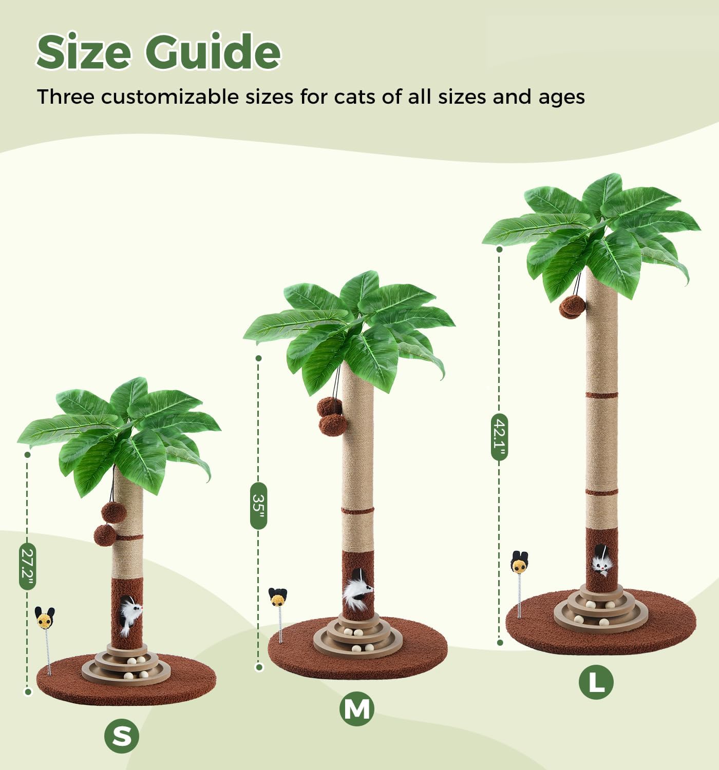 35" Tall Cat Scratching Post with Sisal Rope, Interactive Hanging Balls, Toy Mouse and Two-Layer Ball Track Cat Toys, Palm Tree Cat Scratcher Tower for Indoor Cats and Kittens