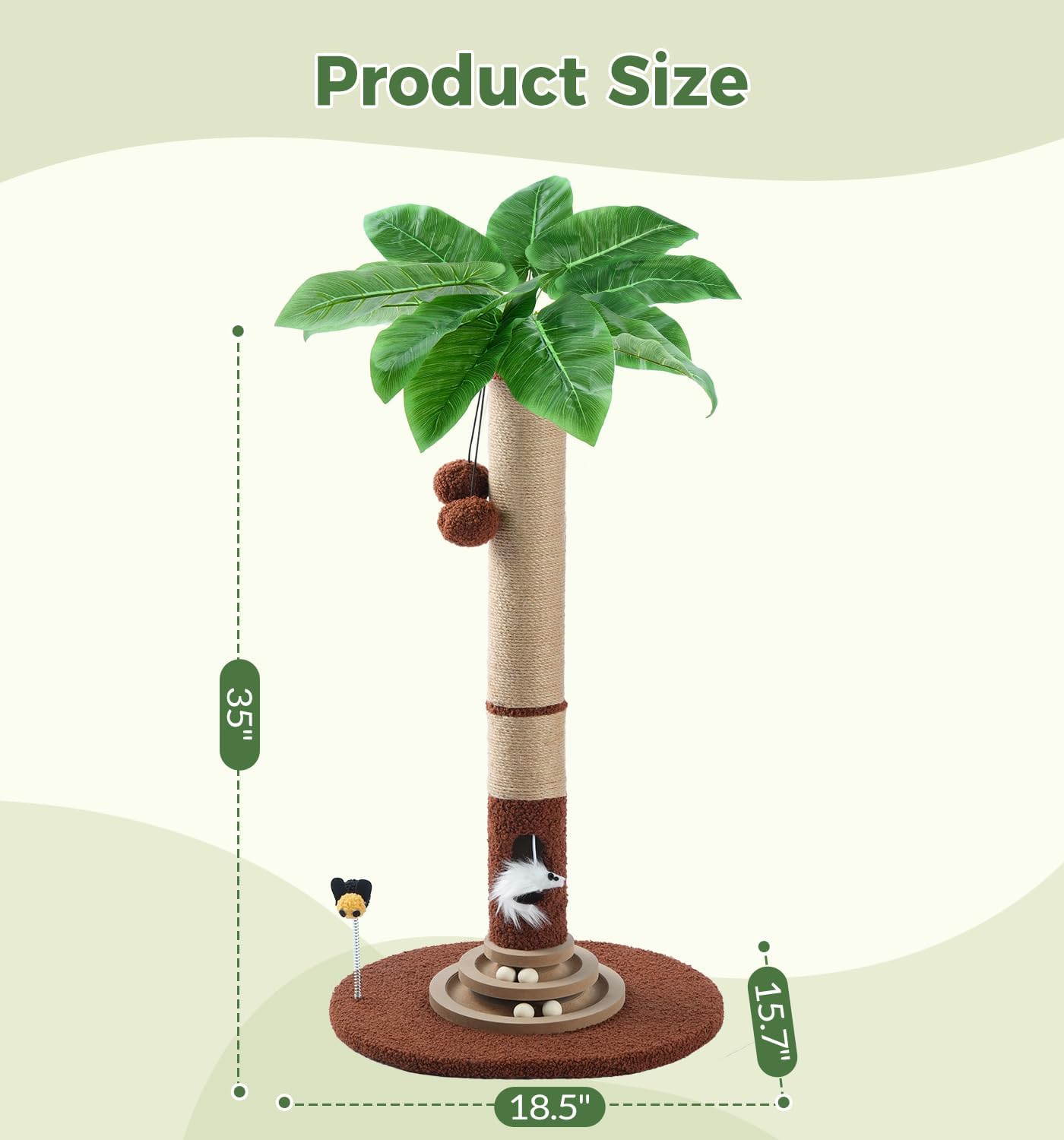 35" Tall Cat Scratching Post with Sisal Rope, Interactive Hanging Balls, Toy Mouse and Two-Layer Ball Track Cat Toys, Palm Tree Cat Scratcher Tower for Indoor Cats and Kittens