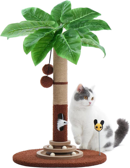35" Tall Cat Scratching Post with Sisal Rope, Interactive Hanging Balls, Toy Mouse and Two-Layer Ball Track Cat Toys, Palm Tree Cat Scratcher Tower for Indoor Cats and Kittens