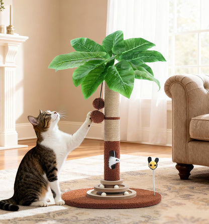 35" Tall Cat Scratching Post with Sisal Rope, Interactive Hanging Balls, Toy Mouse and Two-Layer Ball Track Cat Toys, Palm Tree Cat Scratcher Tower for Indoor Cats and Kittens