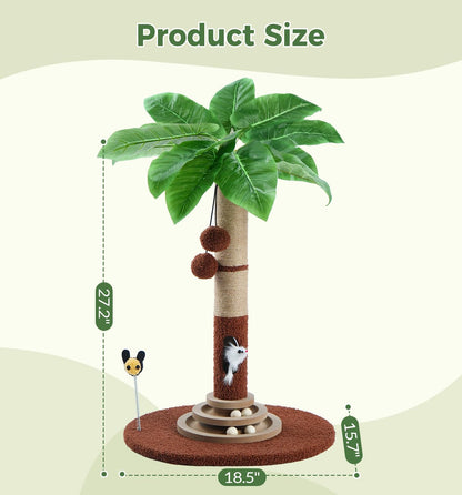 35" Tall Cat Scratching Post with Sisal Rope, Interactive Hanging Balls, Toy Mouse and Two-Layer Ball Track Cat Toys, Palm Tree Cat Scratcher Tower for Indoor Cats and Kittens
