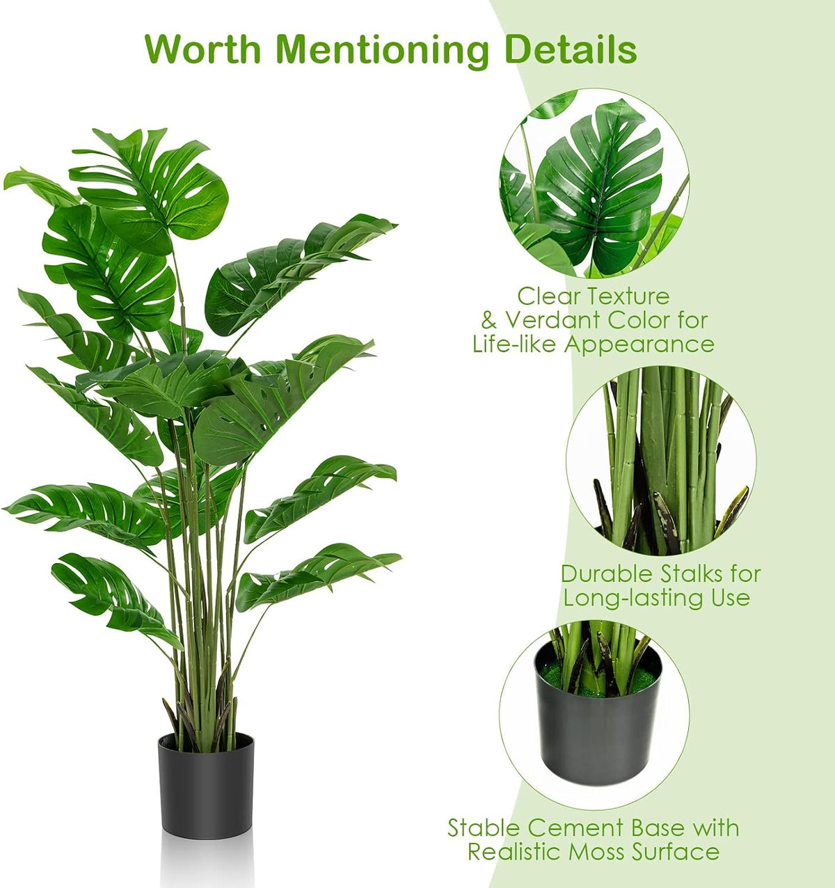 Artificial Monstera Deliciosa Plant, 5ft Potted Faux Tree with 15 Verdant Fake Leaves, Swiss Cheese Plant for Home Decor Indoor, Outdoor, Home, Office, 1 Pack