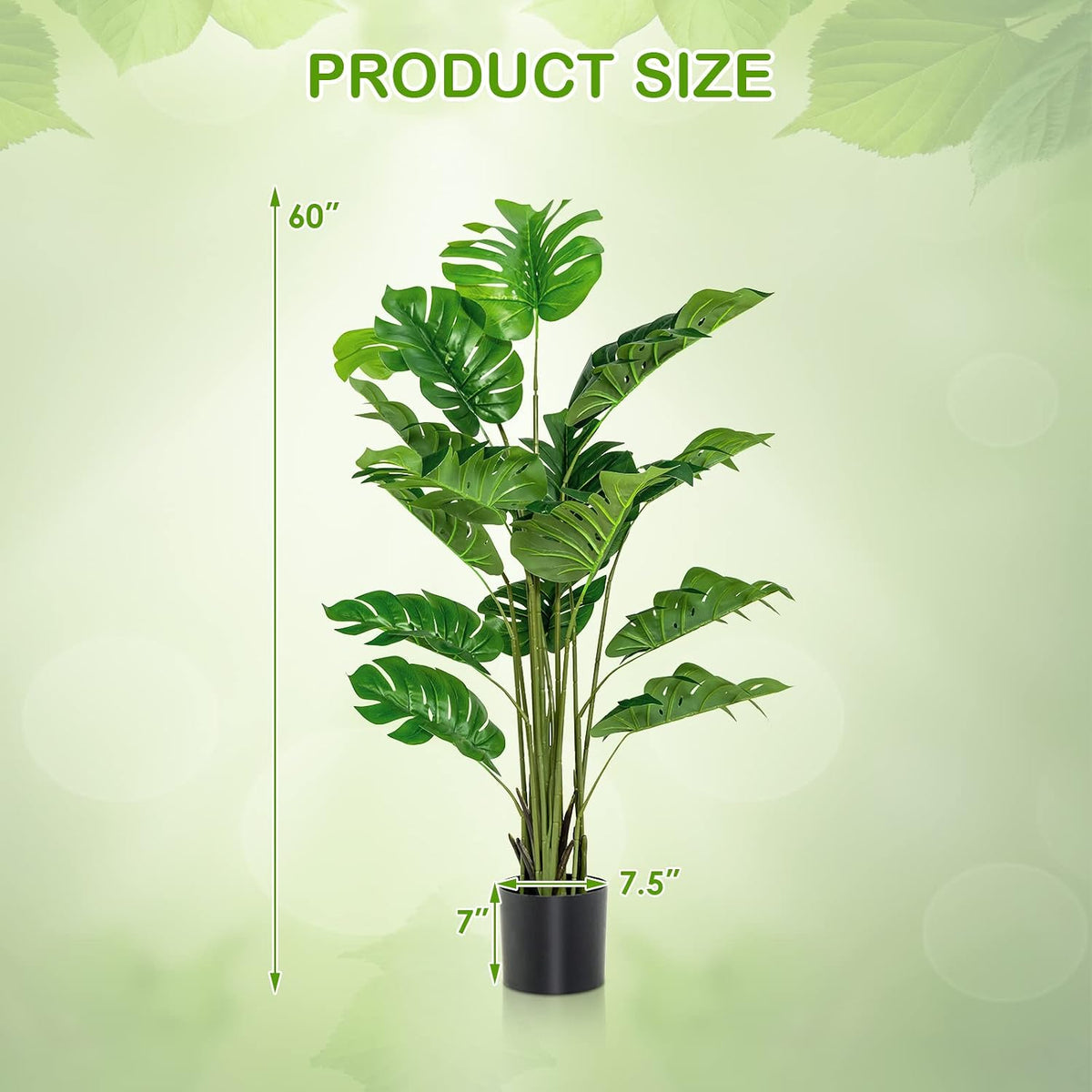 Artificial Monstera Deliciosa Plant, 5ft Potted Faux Tree with 15 Verdant Fake Leaves, Swiss Cheese Plant for Home Decor Indoor, Outdoor, Home, Office, 1 Pack