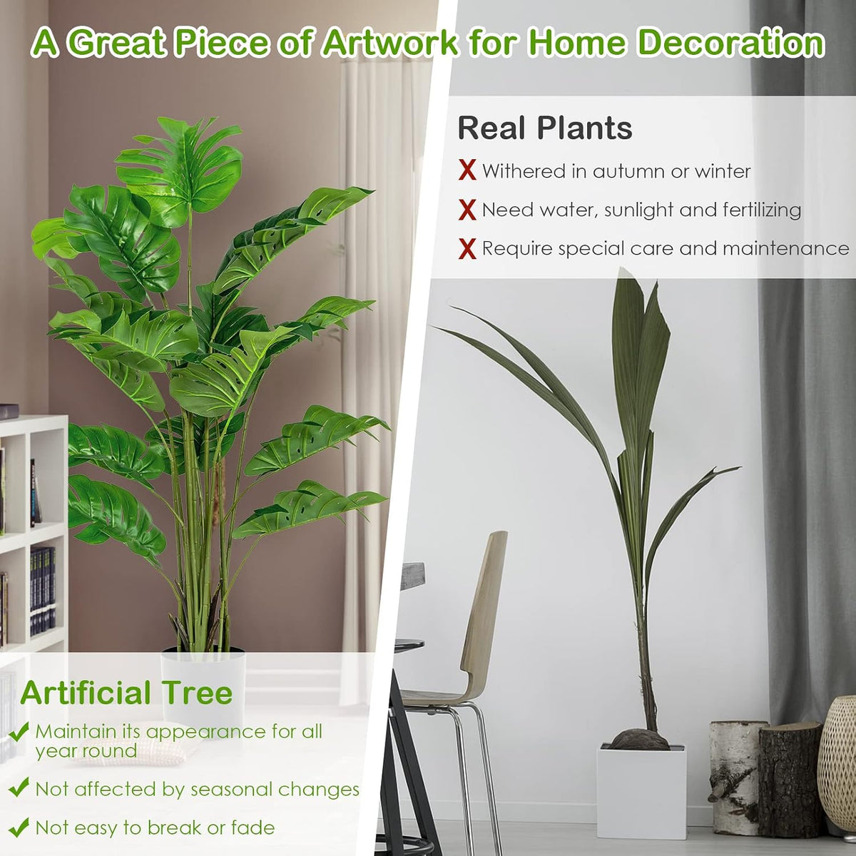Artificial Monstera Deliciosa Plant, 5ft Potted Faux Tree with 15 Verdant Fake Leaves, Swiss Cheese Plant for Home Decor Indoor, Outdoor, Home, Office, 1 Pack