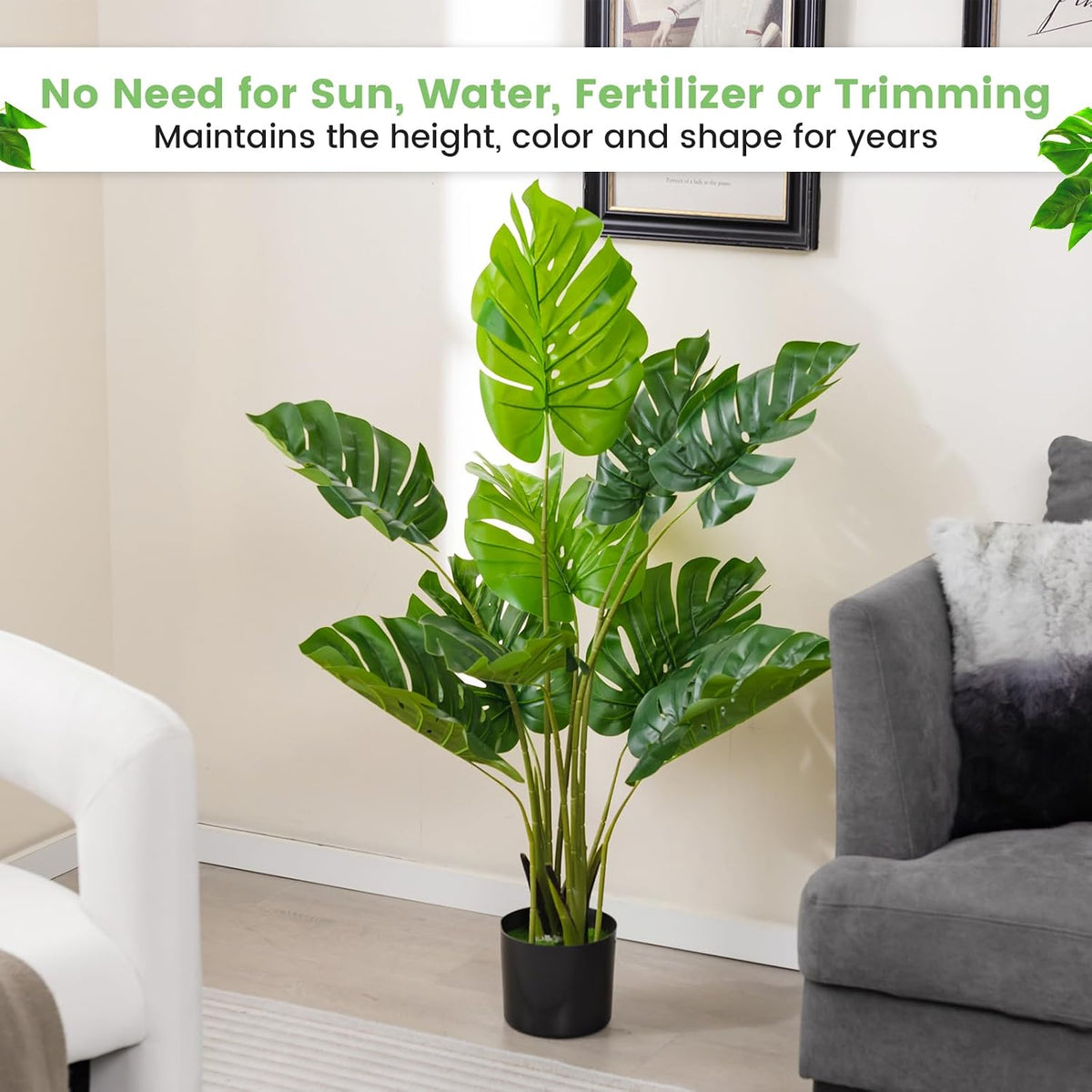 Artificial Monstera Deliciosa Plant, 5ft Potted Faux Tree with 15 Verdant Fake Leaves, Swiss Cheese Plant for Home Decor Indoor, Outdoor, Home, Office, 1 Pack