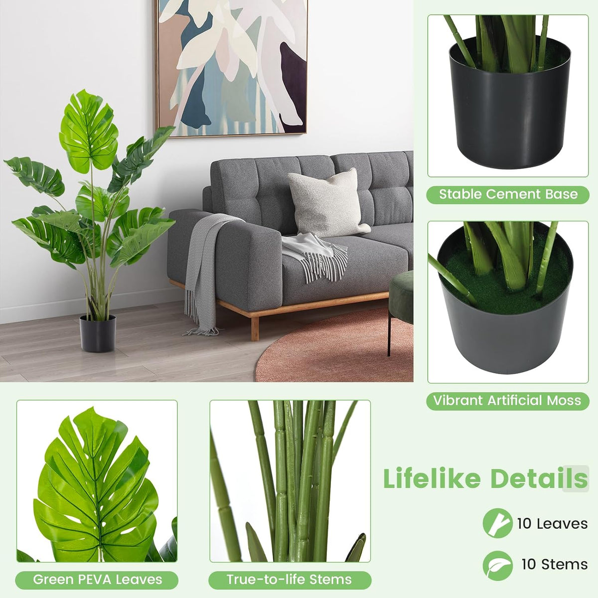 Artificial Monstera Deliciosa Plant, 5ft Potted Faux Tree with 15 Verdant Fake Leaves, Swiss Cheese Plant for Home Decor Indoor, Outdoor, Home, Office, 1 Pack