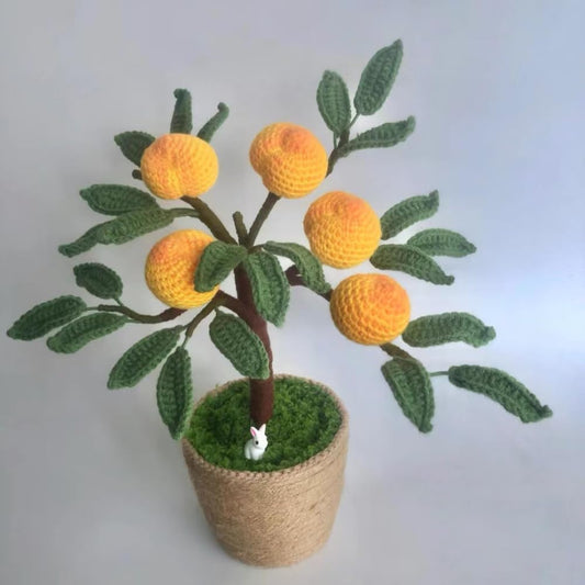 Crochet Peach Potted Plant, Handmade Knitted Peach Tree, Fake Artificial Fruit Plant for Home Office Garden Indoor Outdoor Decor Gift (Yellow)