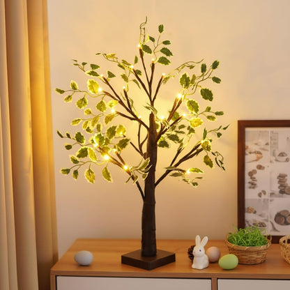 LED Lighted Birch Tree with Green Leaves, 2ft Brown Tabletop Decorative Tree with Fairy Lights, USB or Battery Powered, Indoor Christmas Easter Holiday Centerpiece Decor (Brown)