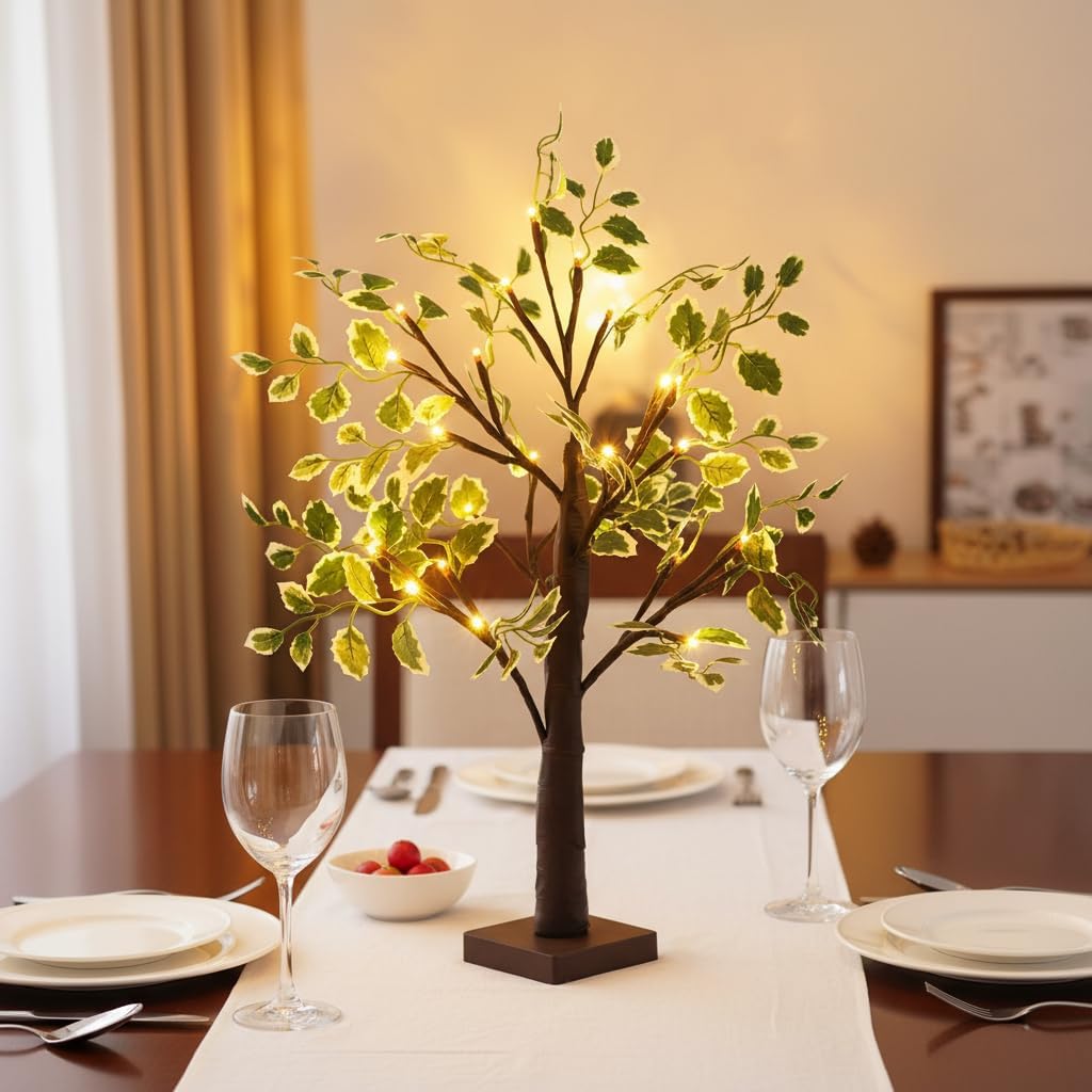 LED Lighted Birch Tree with Green Leaves, 2ft Brown Tabletop Decorative Tree with Fairy Lights, USB or Battery Powered, Indoor Christmas Easter Holiday Centerpiece Decor (Brown)