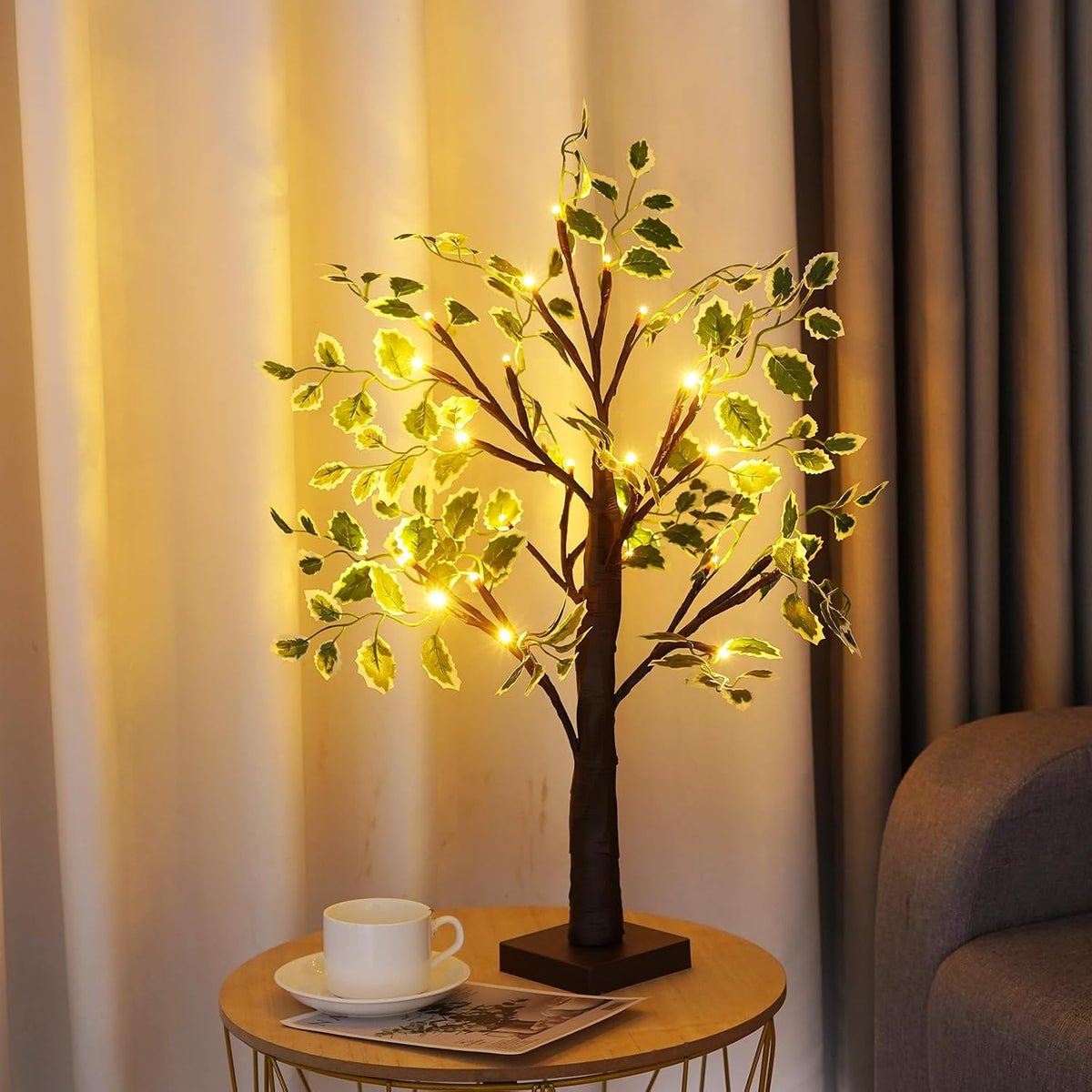 LED Lighted Birch Tree with Green Leaves, 2ft Brown Tabletop Decorative Tree with Fairy Lights, USB or Battery Powered, Indoor Christmas Easter Holiday Centerpiece Decor (Brown)