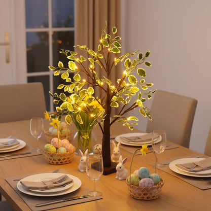 LED Lighted Birch Tree with Green Leaves, 2ft Brown Tabletop Decorative Tree with Fairy Lights, USB or Battery Powered, Indoor Christmas Easter Holiday Centerpiece Decor (Brown)