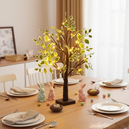 LED Lighted Birch Tree with Green Leaves, 2ft Brown Tabletop Decorative Tree with Fairy Lights, USB or Battery Powered, Indoor Christmas Easter Holiday Centerpiece Decor (Brown)