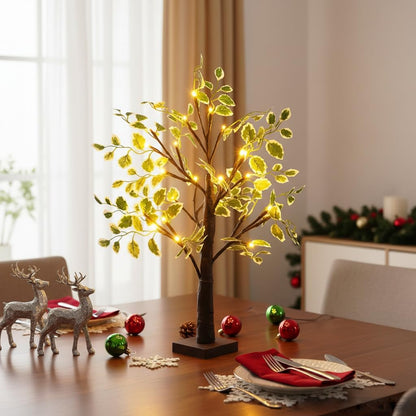 LED Lighted Birch Tree with Green Leaves, 2ft Brown Tabletop Decorative Tree with Fairy Lights, USB or Battery Powered, Indoor Christmas Easter Holiday Centerpiece Decor (Brown)