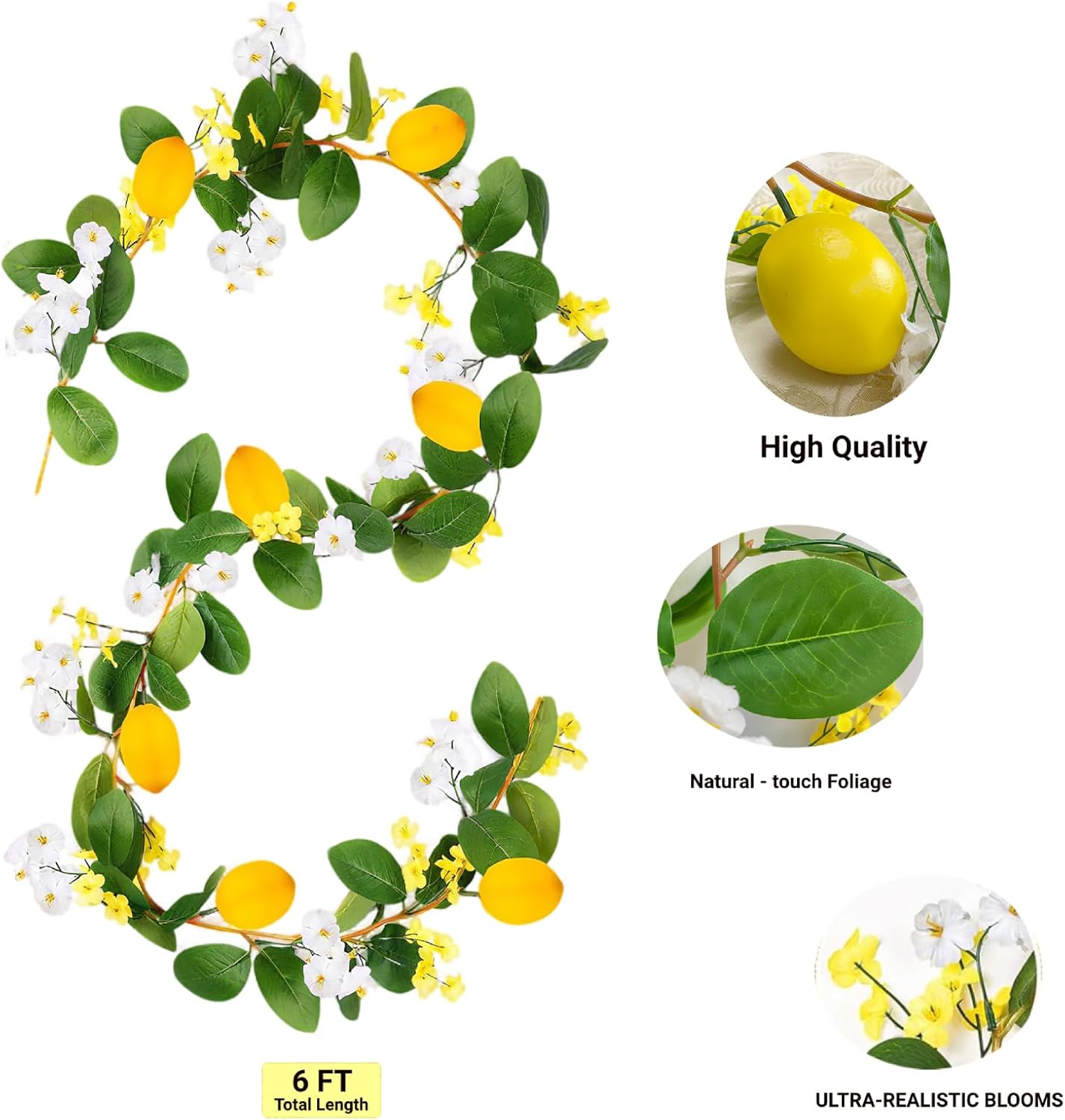2PCS Artificial Lemon Garland (11Ft Total), Faux Fruit Vine with Greenery for Wedding Party, Wall Mantle Table Decor, Spring Summer Kitchen Door Decoration