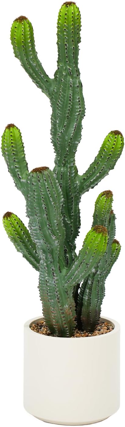 32” Artificial Cactus Plants, Tall Artificial Plants Outdoor, Tall Fake Cacti Plant UV-Resistant in White Pot, Faux Floor Plants for Indoor Home Office Hotel Bedroom Patio Balcony Garden