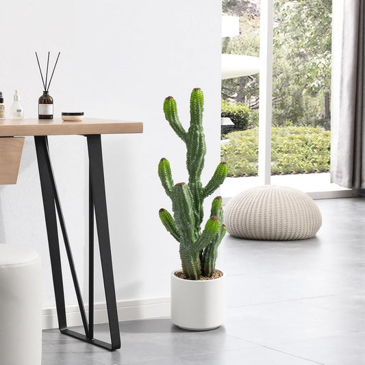 32” Artificial Cactus Plants, Tall Artificial Plants Outdoor, Tall Fake Cacti Plant UV-Resistant in White Pot, Faux Floor Plants for Indoor Home Office Hotel Bedroom Patio Balcony Garden