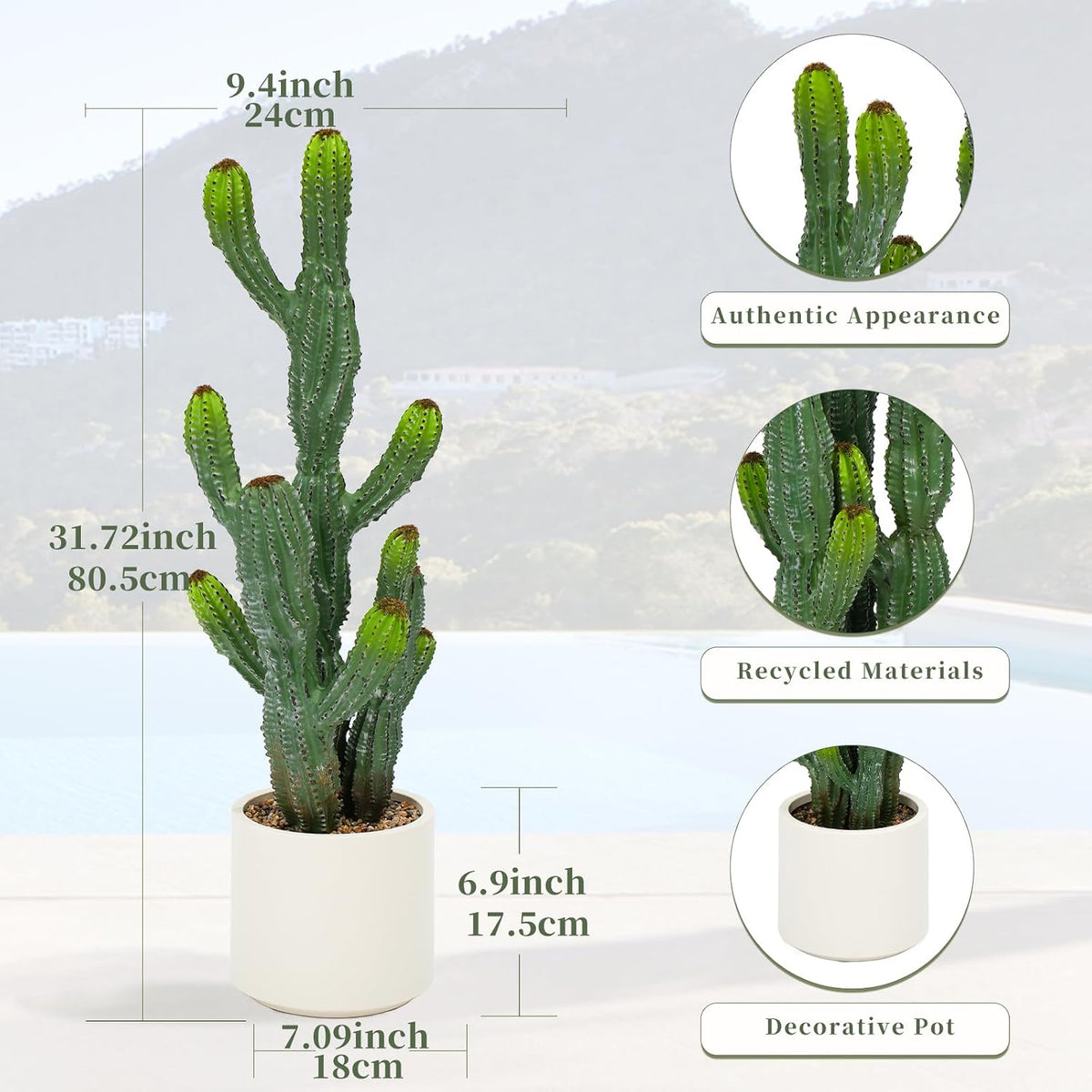 32” Artificial Cactus Plants, Tall Artificial Plants Outdoor, Tall Fake Cacti Plant UV-Resistant in White Pot, Faux Floor Plants for Indoor Home Office Hotel Bedroom Patio Balcony Garden