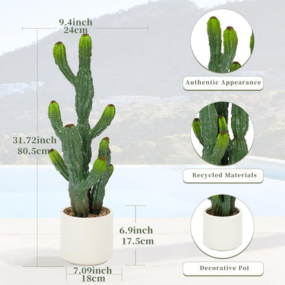 32” Artificial Cactus Plants, Tall Artificial Plants Outdoor, Tall Fake Cacti Plant UV-Resistant in White Pot, Faux Floor Plants for Indoor Home Office Hotel Bedroom Patio Balcony Garden