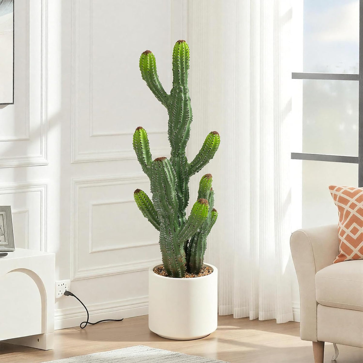 32” Artificial Cactus Plants, Tall Artificial Plants Outdoor, Tall Fake Cacti Plant UV-Resistant in White Pot, Faux Floor Plants for Indoor Home Office Hotel Bedroom Patio Balcony Garden