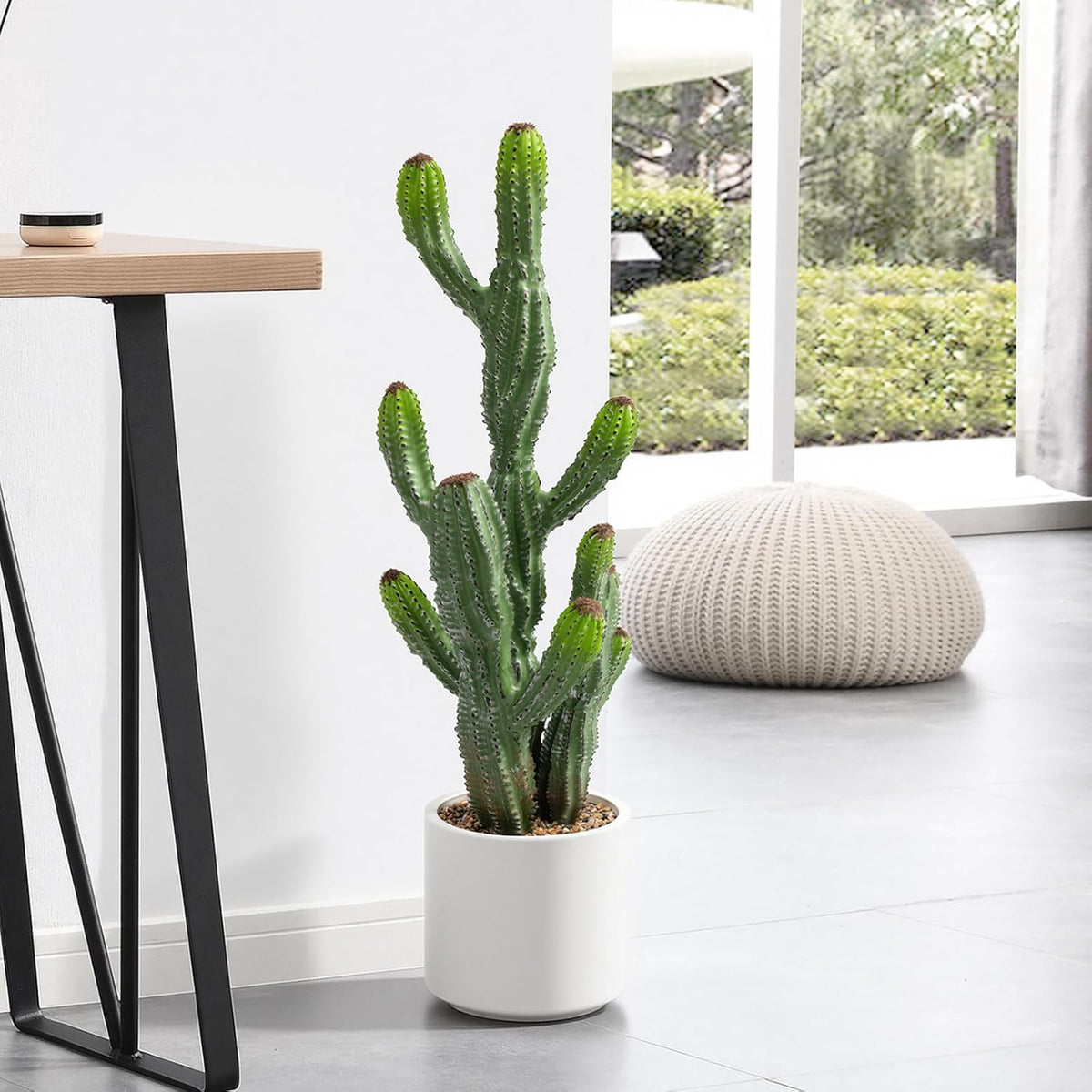 32” Artificial Cactus Plants, Tall Artificial Plants Outdoor, Tall Fake Cacti Plant UV-Resistant in White Pot, Faux Floor Plants for Indoor Home Office Hotel Bedroom Patio Balcony Garden