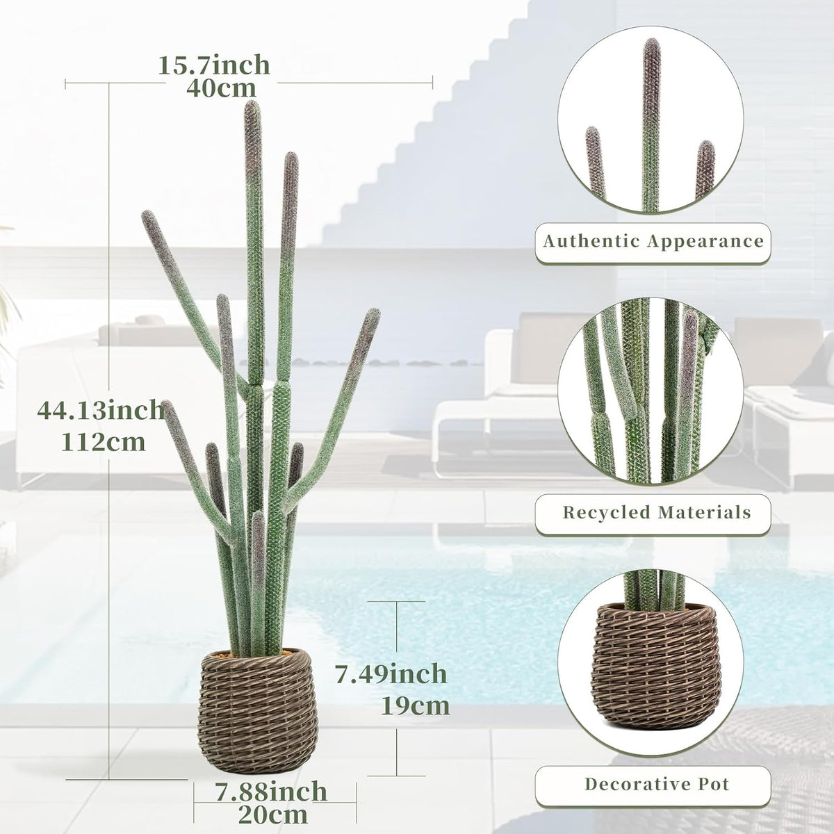 32” Artificial Cactus Plants, Tall Artificial Plants Outdoor, Tall Fake Cacti Plant UV-Resistant in White Pot, Faux Floor Plants for Indoor Home Office Hotel Bedroom Patio Balcony Garden