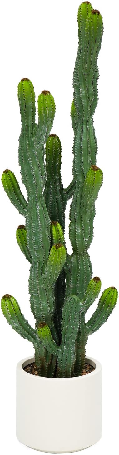 32” Artificial Cactus Plants, Tall Artificial Plants Outdoor, Tall Fake Cacti Plant UV-Resistant in White Pot, Faux Floor Plants for Indoor Home Office Hotel Bedroom Patio Balcony Garden