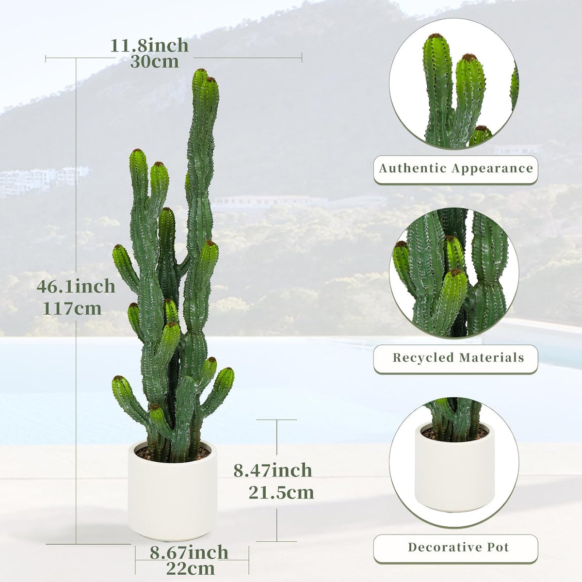 32” Artificial Cactus Plants, Tall Artificial Plants Outdoor, Tall Fake Cacti Plant UV-Resistant in White Pot, Faux Floor Plants for Indoor Home Office Hotel Bedroom Patio Balcony Garden